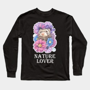 Ferret And Flowers - Nature Lover - White Outlined Version Long Sleeve T-Shirt